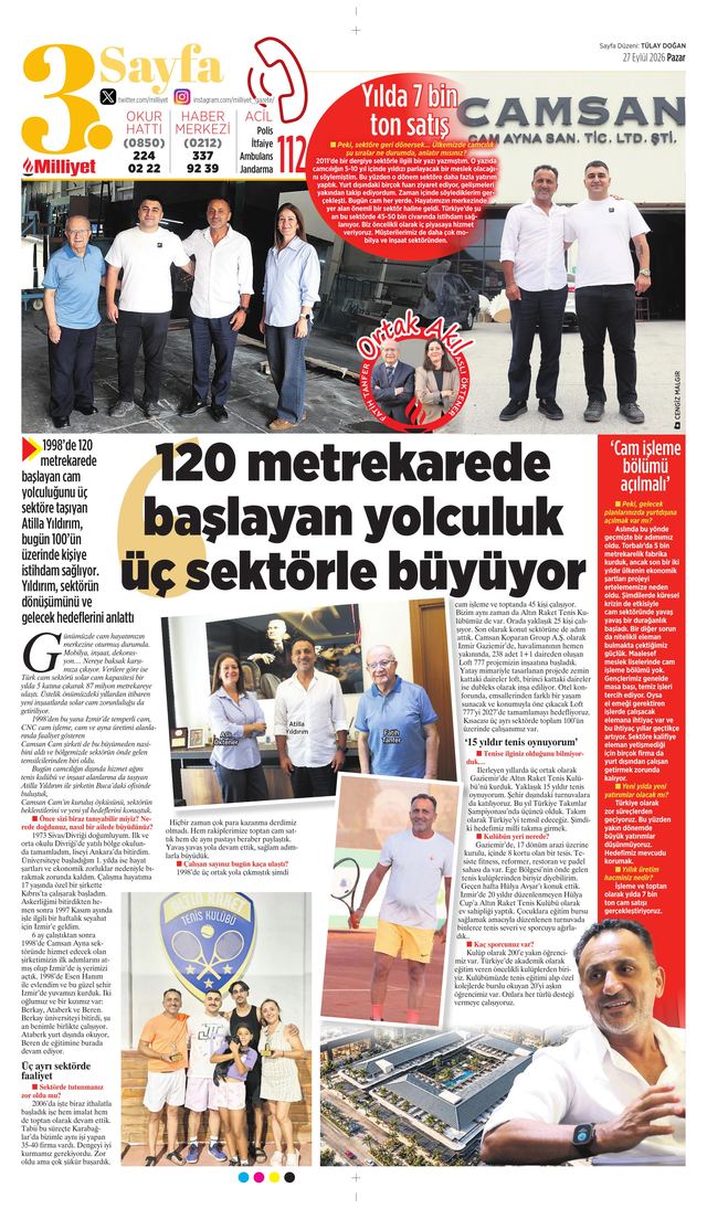 Milliyet gazetesi Ege eki, 27 Eylül 2026 — Camsan Cam Yönetim Kurulu Başkanı Atilla Yıldırım röportajı